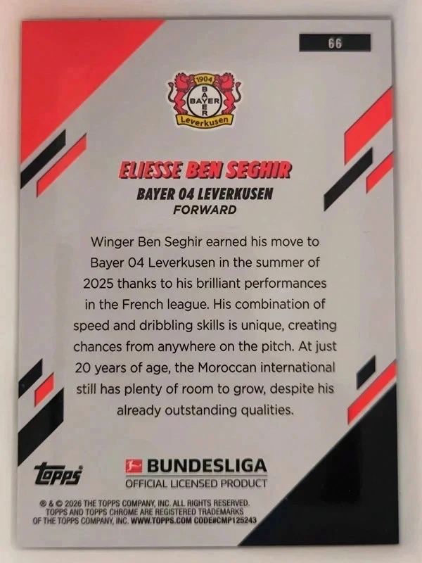 Teal Eliesse Ben Seghir 062/199 Topps Chrome Bundesliga Leverkusen Numbered 2025 – photo 3